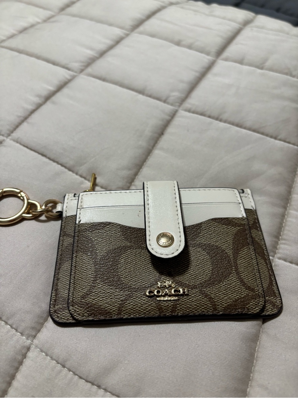 Coach Brown Signature Canvas Card Holder with White Trim and Gold Key Ring